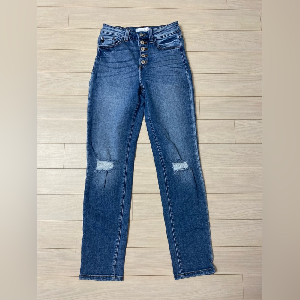 Kancan Signature Distressed  Mid Rise Button Fly Skinny Blue Jeans
